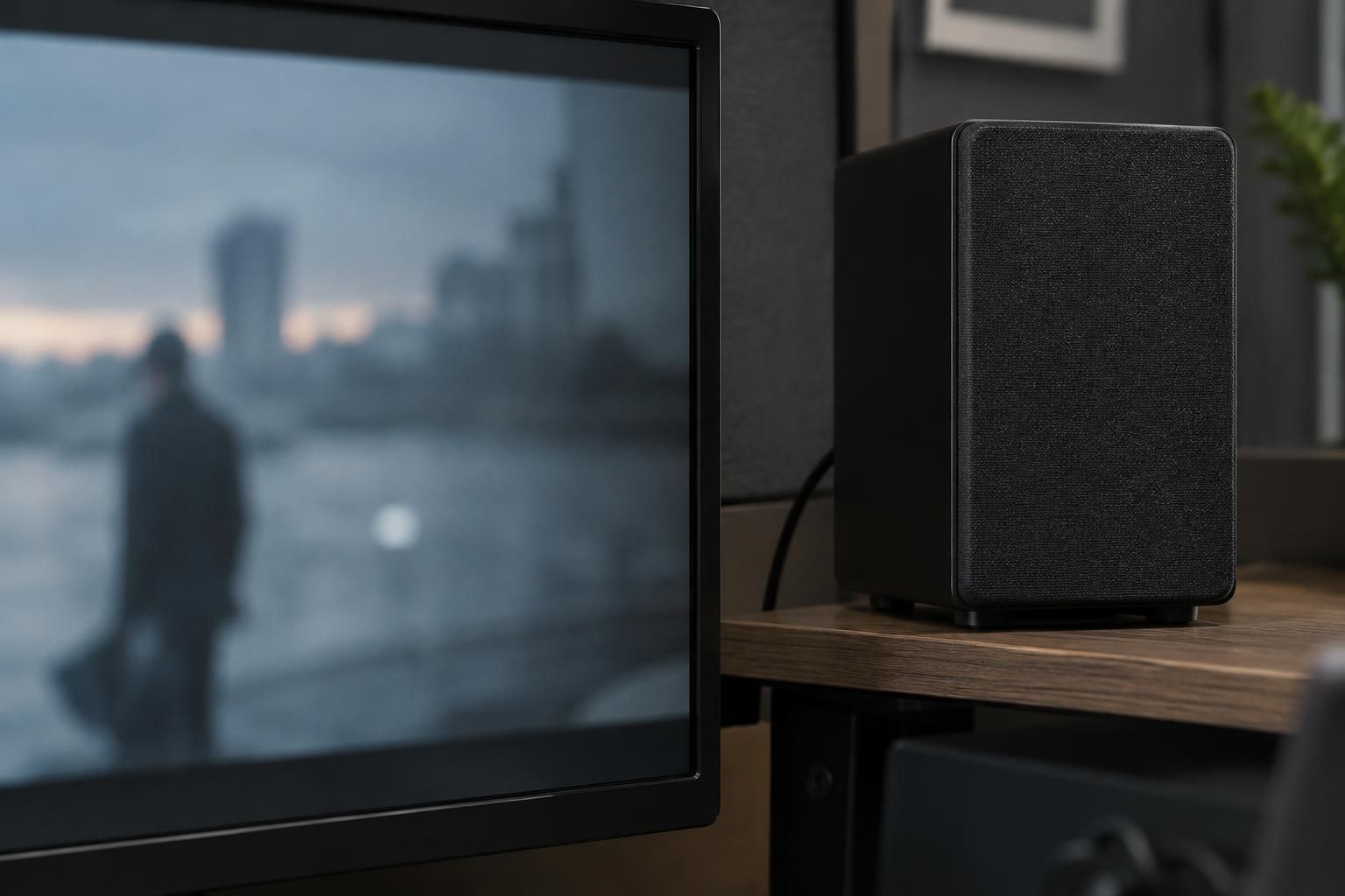 Close view of an editing-suite monitor showing a softly blurred film scene beside a speaker.